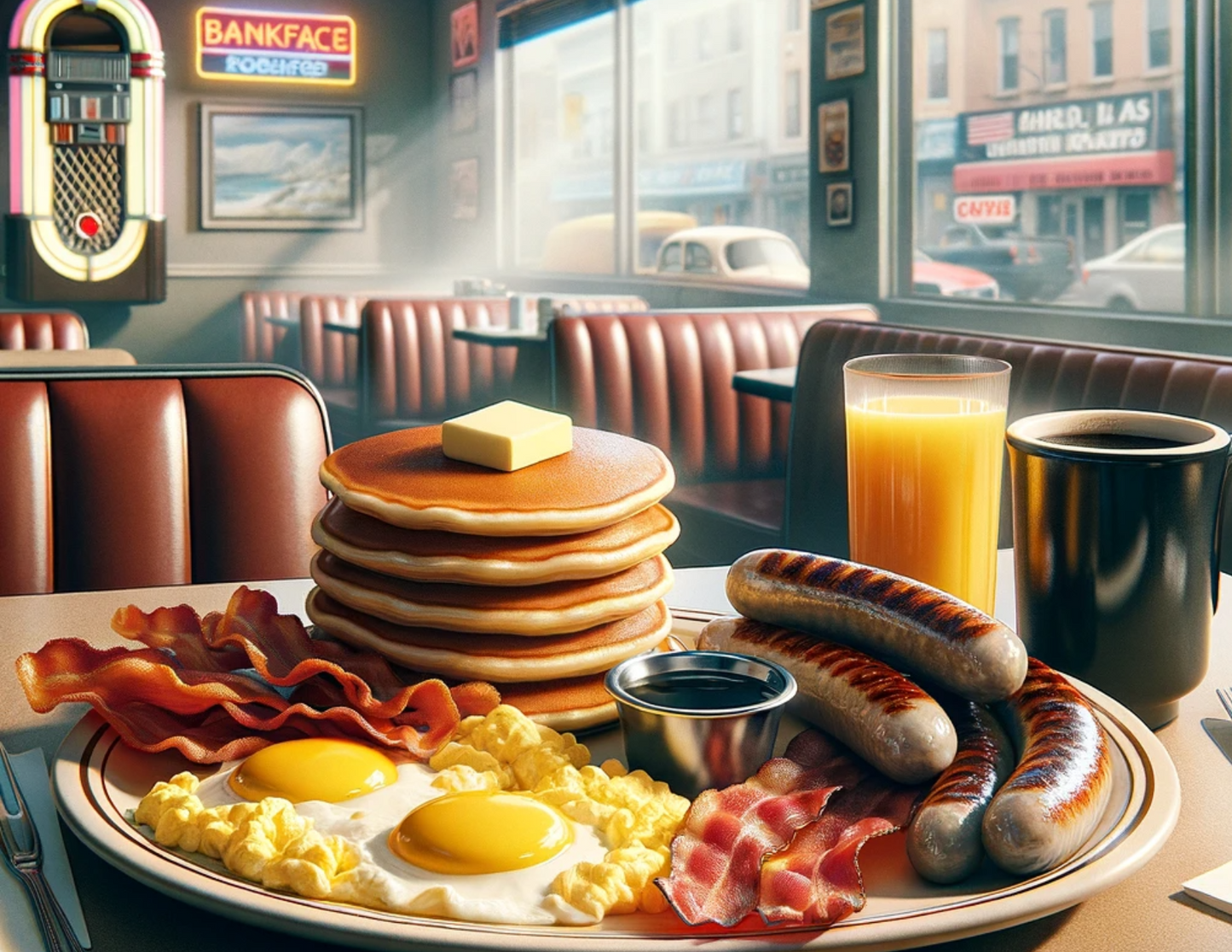 Classic American Breakfast: Pancakes, Eggs, and Sausage Diner Scene Postcard