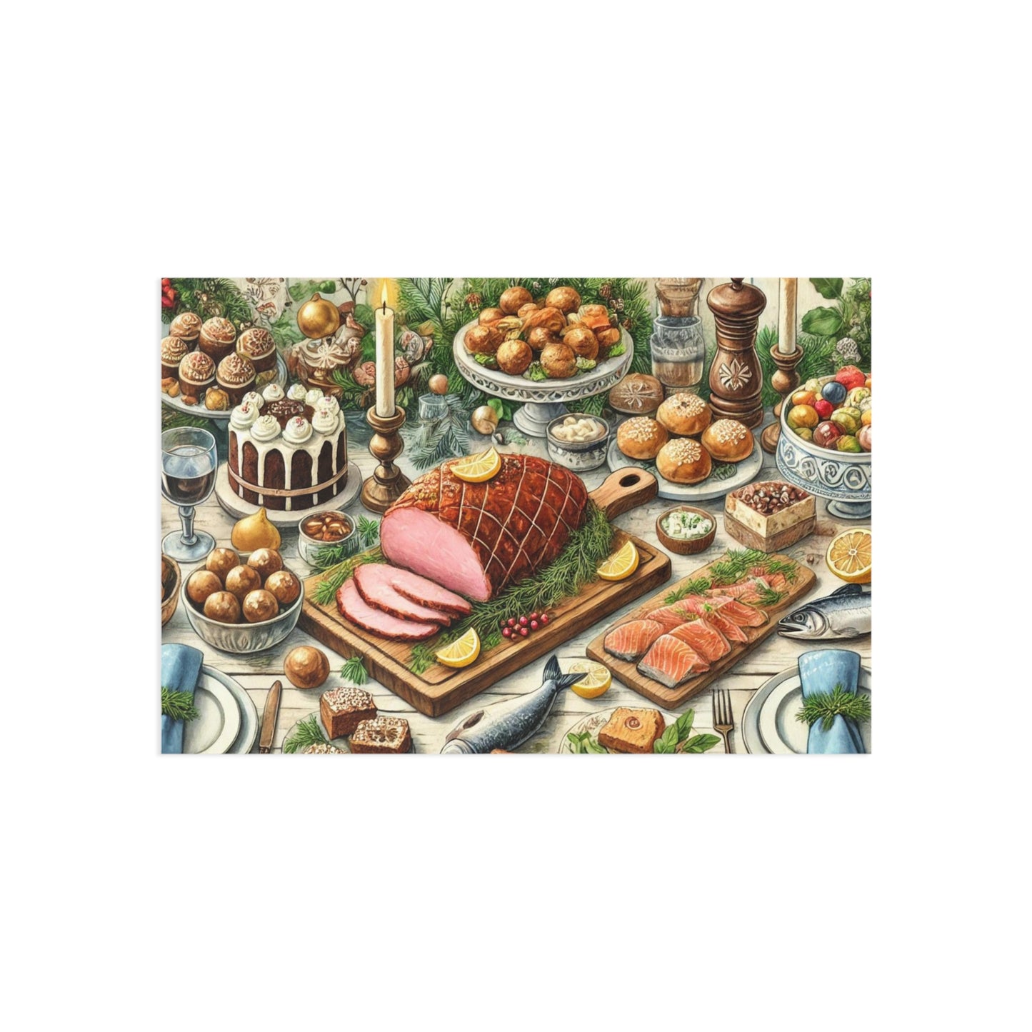 Christmas Dinner Illustration Postcard